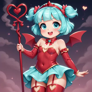 Cute little devil girl, petite, red armor with lacy frills and ruffles, heart designs, a tiny trident with a heart shaped pommel, tiny devil wings, sparkles floating around her, black puffy smoke