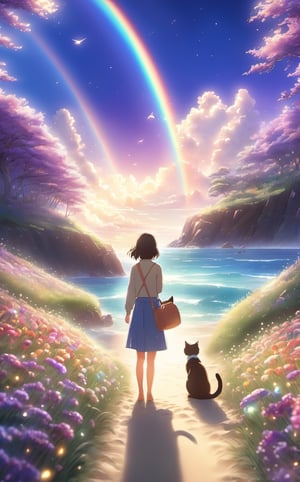 A wide landscape photo, (viewed from below, the sky is above, and the beautiful beach), a girl standing on a flower field looking up, a cat, (meteor: 0.9), a distant beach, (Warm Light: 1.2), (Firefly: 1.2), Lights, Lots of Purple and Blue, Intricate Details, Volumetric Lighting BREAK (Masterpiece: 1.2), (Best Quality), 8k, Ultra Detailed, (Dynamic Composition: 1.4), Rich in Detail and Color, (Rainbow Color: 1.2), (Bokeh: 1.2), (Glow, Atmospheric Lighting), Dreamy, Magical, (Solo: 1.2), anime drawing by Makoto Shinkai, trending on pixiv, magic realism, beautiful anime scene, cosmic sky. by makoto shinkai, ( ( makoto shinkai ) ), by makoto shinkai, anime background art, makoto shinkai style with enhanced details