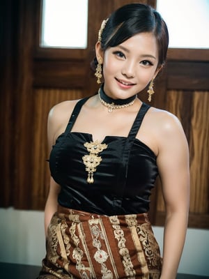 1female, a woman in the traditional Javanese wedding hall, is having a traditional Javanese wedding, wearing a typical Javanese bun, showing armpits, dressed in a traditional Javanese dress, with gold and black ornaments, with a voluptuous pose, smiling, Indonesian female, cinematic photography, detailed, hyperrealism, great detail, 8k cinematic, high resolution, symmetrically, cinematic, color grading, photography, shot on 50mm lens, ultra-wide angle, depth of field, hyperdetailed, beautifully color-coded, insane detail, intricate detail, beautiful color grading, incredibly detailed and intricate, hyper maximal, elegant, hyperrealistic, super detailed, posing dynamic, photography, ultra-realistic, Full - HD, high detailed definition, Hyper detailed, 8k