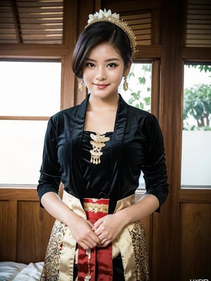 1female, a woman in a traditional Javanese wedding hall, an alluring and sensual style, with a voluptuous pose, smiling, dressed in a traditional Javanese with gold and black ornaments, is having a traditional Javanese wedding, wearing a typical Javanese bun, southeast Asian female, ancient Javanese era, cinematic photography, detailed, hyperrealism, high detail, 8k cinematic, high resolution, symmetrically, cinematic, color grading, photography, shot on 50mm lens, ultra-wide angle, depth of field, hyperdetailed, beautifully color-coded, insane detail, intricate detail, beautiful color grading, incredibly detailed and intricate, hyper maximal, elegant, hyperrealistic, super detailed, posing dynamic, photography, ultra-realistic, Full - HD, high detailed definition, Hyper detailed, 8k, Asian girl,ellafreya,Japanese. Short Blonde Hair