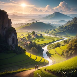 Masterpiece, (very detailed CG unity 8k wallpaper) (best illustration), hazy sunlight, morning, ricefield, hills, anime, village, flowers, blue sky, rural atmosphere in ancient Java, landscape, outdoor, java island