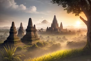 Full picture, ancient Java architecture, hazy sunlight, morning, ricefield, Prambanan temple in the background, hills, landscape, outdoor, grass, java island, (Illustration: 1.0), Epic Composition, Detail Enhancement, Detail Enhancement. Realistic Sunlight, HD Details, Masterpiece, Best Quality, (Very Detailed CG Unity 8k Wallpaper), (Best Quality)