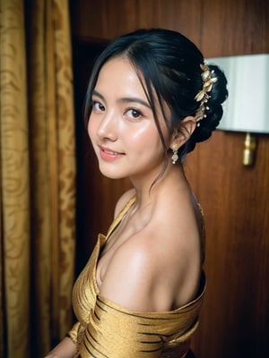 1female, a woman in the traditional Javanese wedding hall, is having a traditional Javanese wedding, wearing a typical Javanese bun, showing armpits, dressed in a traditional Javanese dress, with gold and black ornaments, with a voluptuous pose, smiling, Indonesian female, cinematic photography, detailed, hyperrealism, great detail, 8k cinematic, high resolution, symmetrically, cinematic, color grading, photography, shot on 50mm lens, ultra-wide angle, depth of field, hyperdetailed, beautifully color-coded, insane detail, intricate detail, beautiful color grading, incredibly detailed and intricate, hyper maximal, elegant, hyperrealistic, super detailed, posing dynamic, photography, ultra-realistic, Full - HD, high detailed definition, Hyper detailed