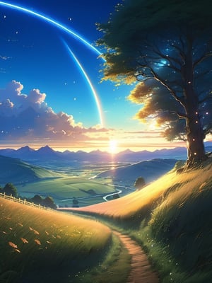 A wide landscape like the Lord of the Ring, (viewed from below, the sky is above, and the open field is below), distant mountains, (Warm Light: 1.2), (Firefly: 1.2), Lights, Intricate Details, Volumetric Lighting BREAK (Masterpiece: 1.2), (Best Quality), 8k, Ultra Detailed, (Dynamic Composition: 1.4), Rich in Detail and Color, (Glow, Atmospheric Lighting), Dreamy, Magical, (Solo: 1.2), anime drawing by Makoto Shinkai, trending on pixiv, magic realism, beautiful anime scene,  enhanced details, neo light,candyland,SAM YANG,full background,detailmaster2