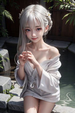 (masterpiece:1.2, best quality), (finely detailed beautiful eyes: 1.2), (extremely detailed CG unity 8k wallpaper, masterpiece, best quality, ultra-detailed, best shadow), (detailed background), (beautiful detailed face, beautiful detailed eyes), (best illumination, an extremely delicate and beautiful), beautiful detailed glow, 1girl, solo, illustration, white hair, red eye, bare shoulder, (hair ornament), full body, bathrobe , hot spring, smile, nice hands, perfect hands,
,little_cute_girl