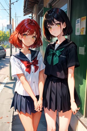 A girl with yellow eyes, red hair, and fair skin, wearing a school uniform. A second girl, beside her, with short white hair, tan skin, and emerald eyes, also wearing a school uniform. Two cute girls.