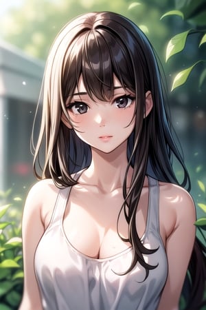 1girl, solo, long hair, looking at viewer, bangs, brown hair, black hair, bare shoulders, closed mouth, collarbone, upper body, outdoors, sleeveless, day, white dress, blurry, black eyes, lips, depth of field, blurry background, leaf, tank top, realistic, nose,1 girl