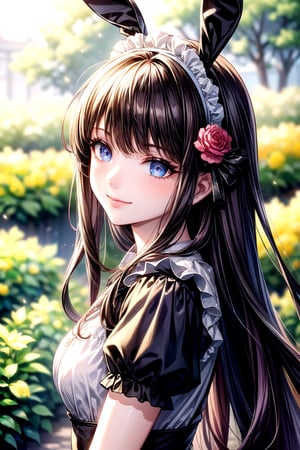 (Masterpiece, best quality, official art,), 1girl, beautiful face, blue eyes, light smile, long hair, brown hair, medium breast, maid outfit, black dirndl, bunny earband, dynamic pose, seductive, flowers, garden, tree, dynamic lighting, detailed background, intricate detailed, finely detailed,1 girl,aakyoko