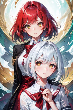 A girl with yellow eyes, red hair, and fair skin, wearing a school uniform. A second girl, beside her, with short white hair, tan skin, and emerald eyes, also wearing a school uniform. Two cute girls.,High detailed 