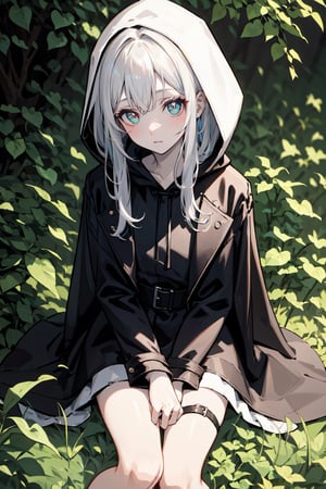A girl with colorful eyes, heterochromatic, pale skin, long white hair with bangs, wearing a hood on her head, black leather coat, sitting on the forest floor, dim lighting linear.,1 girl,little_cute_girl,sugar_rune