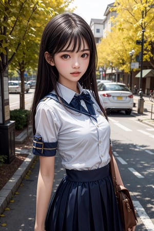 (8k, best quality, masterpiece:1.2),(best quality:1.3), (ultra highres:1.0), RAW photo, realistic photo, a beautiful girl, from head to waist, Indonesian student, Indonesian high school, Scout uniform, school bag, extremely luminous bright design, autumn lights, side bangs, thin lips, cute face ,little_cute_girl