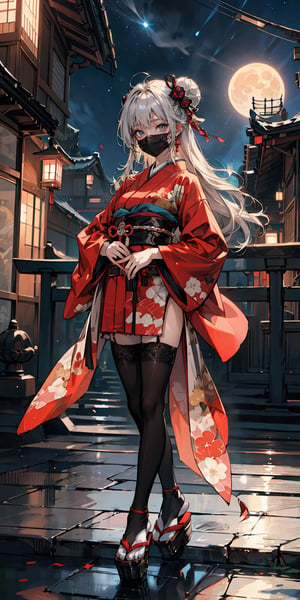 (Masterpiece, artwork, top quality, illustration+CG unit 8k wallpaper extremely detailed, detailed environmental particles:1.2), (best artistic cinematic lighting), (anime pixiv), (kawaii manga), a ninja girl with two buns on her head, both with red ribbons, her (face covered by a mask), traditional Japanese mask, ninja attire, black lace stockings with transparency, traditional wooden sandals, she's holding a katana in one hand, a beautiful background scene with traditional Japanese dynasty houses, a gorgeous moon high in the sky, a clear starry night, incredible moonlight on the character, full_body