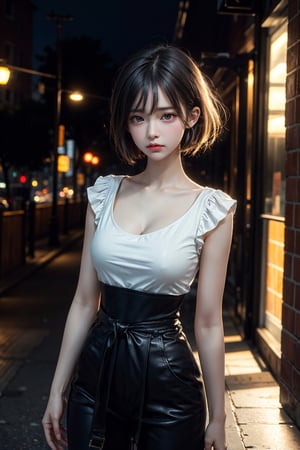 (8k, best quality, masterpiece:1.2),(best quality:1.3), (ultra highres:1.0), RAW photo, realistic photo, a beautiful girl, from head to waist, extremely luminous bright design,autumn lights, short tail hair, thin lips, cute angry, pouting