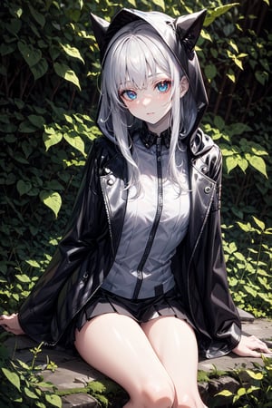 A girl with colorful eyes, heterochromatic, pale skin, long white hair with bangs, wearing a hood on her head, black leather coat, sitting on the forest floor, dim lighting linear.,little_cute_girl,YAMATO