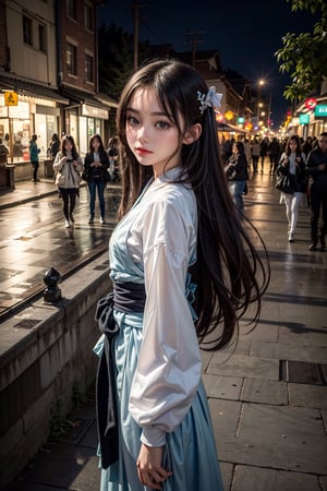 (8k, best quality, masterpiece:1.2),(best quality:1.0), (ultra highres:1.0), middle body shot, medium shot, a beautiful loli,  flowing hair by the wind, extremely luminous bright design, autumn lights,hanfu,midjourney,little_cute_girl