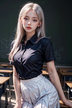 photorealistic, high resolution, 1women, shining skin, solo, hips up, jewelry, pink lips, long white hair, blue eyes, school uniform, black shirt, classroom,woman,girl,blue eyes,little_cute_girl