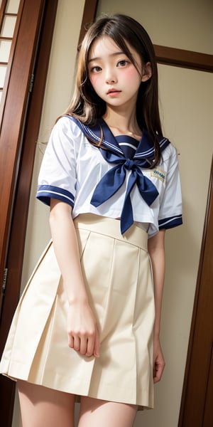 cowboy shot, from below, 1girl, european-japanese teen, portrait,bizarre,clavicle, japanese sailor school uniform, serafuku