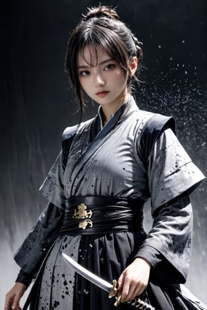 muelsyse (arknights),1girl, solo,hanfu,chinese clothes,splatter background, holding sword, best quality, amazing quality, very aesthetic, absurdres,Extremely Realistic