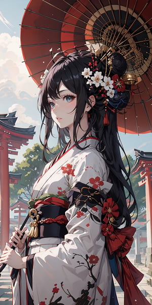 A geisha, with black hair in a bun, long bangs, beautiful eyes with long eyelashes, extremely white, pale skin, wearing a red velvet kimono, an umbrella (parasol) of the culture Japanese, Japanese neighborhood old scenery background. Little indirect linear lighting.,long hair,High detailed 