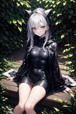 A girl with colorful eyes, heterochromatic, pale skin, long white hair with bangs, wearing a hood on her head, black leather coat, sitting on the forest floor, dim lighting linear.,little_cute_girl,YAMATO