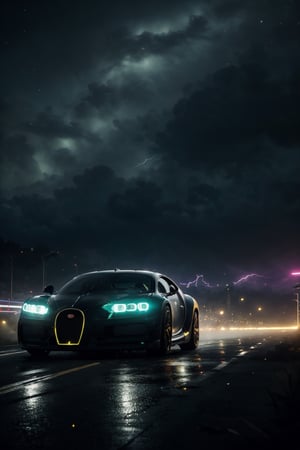 best quality, masterpiece, low angle view. The front shot. Bugatti Chiron alien vision car, a golden car, a colorful car, a legendary car, with turbo. neon ambiance, abstract black oil, gear mecha, detailed acrylic, grunge, intricate complexity, rendered in unreal engine, photorealistic, ultra highly detailed, cinematic, Super various sport luxury cars, in dark racing red speeds along a night track, headlight beams piercing the darkness toward distant lights. fast, high speed, high detailed, 16k, while driving, lightning, electrical, technical, adrenaline-fuelled, dynamic angles and intense lighting. (((parallax motion blur))), ((ultra-detailed details))) high-speed excitement, dutch angle view from in front, ultra hd, realistic, vivid colors, highly detailed, UHD drawing, perfect composition, ultra hd, 8k, he has an inner glow, stunning, something that even doesn't exist, mythical being, energy, molecular, textures, iridescent and luminescent scales, breathtaking beauty, pure perfection, divine presence, unforgettable, impressive, breathtaking beauty, Volumetric light, auras, rays, vivid colors reflects.,Cyberpunk,photorealistic,firefliesfireflies