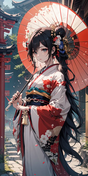 A geisha, with black hair in a bun, long bangs, beautiful eyes with long eyelashes, extremely white, pale skin, wearing a red velvet kimono, an umbrella (parasol) of the culture Japanese, Japanese neighborhood old scenery background. Little indirect linear lighting.,long hair,High detailed 