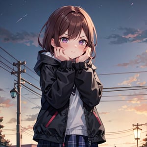 Reina Koseki,1girl,purple eyes,petite,straight hair,reddish brown hair, down jackets, skirts, blush,frowning, scowling, downturned mouth,Placing hand on face, outdoors,midnight,