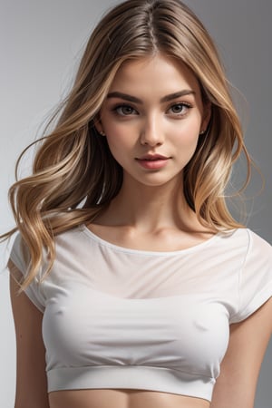 a beautiful female model, a beautiful young woman with long, wavy hair, possibly highlighted, wearing a white top. The background should be plain.