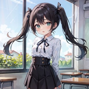 1girl, black hair,twintails,medium breasts,black ribbon, drooping eyes,green eyes,loli,,open mouth, school_uniform,black_over_thighhighs, ,{{{arms_behind_back}}},brown loafers,classroom,cowboy shot,