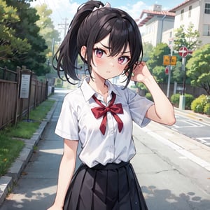 namori,1girl, solo, black hair, ponytail, School uniforms, short sleeves, skirts, blush, get angry, Standing,Placing hand on face, outdoor,