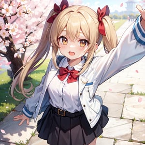 1girl, solo, from above, looking up, cherry blossoms, twintails, smile, skirt, petals, bow, shirt, open mouth, blurry, bangs, blonde hair, hair bow, short twintails, belt, :d, arm up, yellow eyes, white shirt, jacket, white jacket, depth of field, stone floor, standing,のんのんびよ,