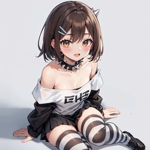girl in black and white outfit with black and white striped socks, 1girl, striped, solo, collar, striped thighhighs, spiked collar, shirt, off shoulder, looking at viewer, brown eyes, hairclip, spikes, brown hair, blush, hair ornament, smile, fang, fang out, off-shoulder shirt, full_body,