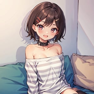 girl in black and white outfit with black and white striped socks, 1girl, striped, solo, collar, striped thighhighs, spiked collar, shirt, off shoulder, looking at viewer, brown eyes, hairclip, spikes, brown hair, blush, hair ornament, smile, fang, fang out, off-shoulder shirt,