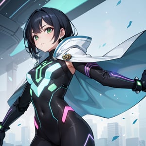 Aurora is a 25-year-old Latina with short, spiky black hair and piercing green eyes. She wears a sleek, high-tech suit that is a combination of a futuristic armor and a flowing, iridescent cloak. The suit is adorned with intricate, glowing blue circuits and has a distinctive, curved design that accentuates her athletic physique,