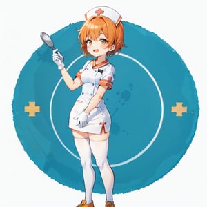 1girl, solo, nurse, nurse cap, white nurse uniform, white legwear, white gloves, very short hair, orange hair, smile, open mouth, standing, white background, simple background, sharp outline, zettai ryouiki, short sleeves, tomboy, boyish, best quality, masterpiece, full_body,