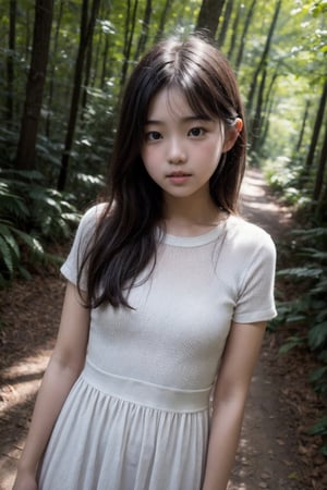 (((deep in the woods))),(looking at the audience),
(((Half body enters the camera))),
人：1 korean young girl,(young girl of elementary school age),Pure and restrained young girl,A young girl of primary school age,(a very beautiful and innocent young girl),(10 years old),
優：High resolution, realistic and delicate high texture,Warm and realistic delicate texture,
體：The body of a reasonable young girl,(child's body:1.3),