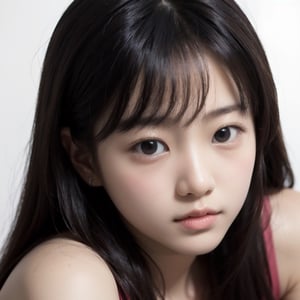 主：(((full white background))),(((Only the face enters the camera))), (Focus on the face),
人：best quality, masterpiece, ultra high res, photorealistic, a little girl, looking at viewer, raw photo, smile, close-up, Korean little girl, junior high school age, Realistic skin texture, Realistic hair texture, realistic composition texture, Realistic hair texture, clear hair, korean female singer, (kim taeyeon), slol, (Kpop idol), (Kim Taeyeon's appearance), (Be very like kim Taeyeon), Beautiful bags under the eyes, (double eyelid), Showing upper arm tattoo, (accentuate the red tones of the eyes), Fine light and shadow, fine skin texture, fine hair texture, fine clothing texture, fine accessories texture, (realistic depth of light and shadow), (realistic pores:1.3), (((Tong Yan:1.5))), Pure and sweet, cute:1.3, (young face), 1little girl, (Korean girl,  middle school student), (girl body,  small breasts:1), flat nose:1, small nose:1, flawless beauty, 
優：With a very high artistic composition style,in the style of hyperrealistic paintings, 32k uhd, dark white and light white, anime art, exaggerated facial features, mural painting,HD uncensored,
特：(((Colorful and magical doomsday city))),
(masterpiece, highest quality, extreme detailed, best quality, official art, beautiful and aesthetic:1.2), (1girl), extreme detailed,(fractal art:1.3),colorful,highest detailed,High detailed,With a very high artistic composition style,
髮：(long hair),  (((bangs))), 