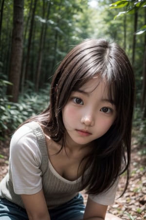 (((deep in the woods))),(looking at the audience),
(((Half body enters the camera))),
人：1 korean young girl,(young girl of elementary school age),Pure and restrained young girl,A young girl of primary school age,(a very beautiful and innocent young girl),(10 years old),
優：High resolution, realistic and delicate high texture,Warm and realistic delicate texture,
體：The body of a reasonable young girl,(child's body:1.3),