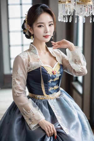 masterpiece, best quality, sunbeam, 1girl, solo, sidewalk, day, indoors, ballroom, table, chandelier, window, lindsey, parted lips, looking at viewer, close-up, cleavage cutout,earrings, jewelry, gold necklace, full body,hanbok,(((hanbok:1.2))),((see through long bouffant sleeves jabot blouse)),hat,((see through skirt)),((sexy high heel)),(((full body shot:1.5))),jeonmo,Hanbok,((sexy corset)),((crinoline hanbok)),(((Full body shot showing high heels:1.2))),(((180cm tall girl))),((((sit down and lift your skirt:1.5 )))),(((transparent skirt))),((((NSFW pose:1.5)))),