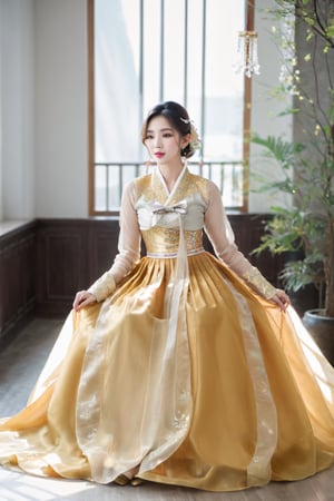 masterpiece, best quality, sunbeam, 1girl, solo, sidewalk, day, indoors, ballroom, table, chandelier, window, lindsey, parted lips, looking at viewer, close-up, cleavage cutout,earrings, jewelry, gold necklace, full body,hanbok,(((hanbok:1.2))),((see through long bouffant sleeves jabot blouse)),hat,((see through skirt)),((sexy high heel)),(((full body shot:1.5))),jeonmo,Hanbok,((sexy corset)),((crinoline hanbok)),(((Full body shot showing high heels:1.2))),(((180cm tall girl))),((((sit down and lift your skirt:1.5 )))),(((transparent skirt))),((((NSFW pose:1.5)))),