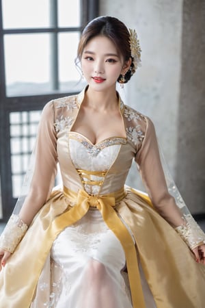 masterpiece, best quality, sunbeam, 1girl, solo, sidewalk, day, indoors, ballroom, table, chandelier, window, lindsey, parted lips, looking at viewer, close-up, cleavage cutout,earrings, jewelry, gold necklace, full body,hanbok,(((hanbok:1.2))),((see through long bouffant sleeves jabot blouse)),hat,((see through skirt)),((sexy high heel)),(((full body shot:1.5))),jeonmo,Hanbok,((sexy corset)),((crinoline hanbok)),(((Full body shot showing high heels:1.2))),(((180cm tall girl))),((((sit down and lift your skirt:1.5 )))),(((transparent skirt))),((((NSFW pose:1.5)))),