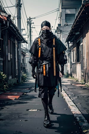 1 boy, Gojo Satoru, full body, black jacket, blindfolded, Jujutsu kaisen, mix of fantasy and realism, special effects, ultra hd, hdr, 4k,ezio_soul3142,urban techwear,luxurious_cloaks
