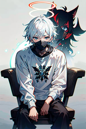 White Hair Wolfcut, White Glowing Halo with Black Ancient Text, Boy, Portrait, Anime Style, Sitting down, Black Eyes, White Shirt, black sweatpants, Black Mask covering entire face with white markings,Persona Cut In