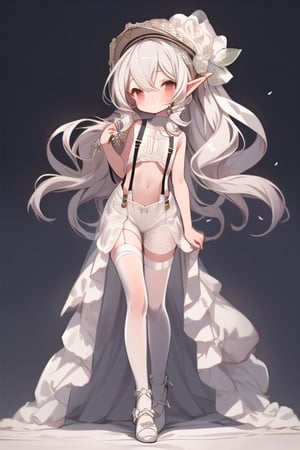 cute petite tiny girl with long goblin ears, white hair, hair buns, cute, girly, full body, cute shoes, (victorian engineer loli child girl:1.3), (white wedding dress, crop top, suspenders:1.2), cozy black gothic mansion, (cute slender girl:1.2), (skinny girl, visible ribs:1.2)