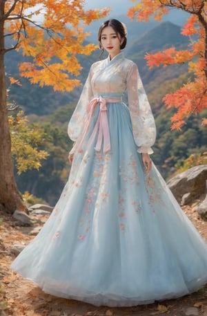 20 year old female, 16K wallpaper, 1 girl, looking at viewer, 16k uhd, dslr, (((big breasts, see-through hanbok))), ((original photo background, fall foliage background of Mt. Seorak) ),b3rli,Jiae,Perfect Eyes, Hourglass Body, crinoline dress, see through ruffled long bouffant sleeves jabot hanbok,15cm skillet high heels, quinceanera dress, crinoline dress, (((full body shot))), 32DD round fake tits and sexy round booty