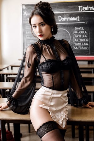 a beautiful korea asian girl, korea milf, teacher, blonde bun hair, (confused face expression:0.9), perfect round silicon fake boobies 32DD, dark red lips, slim waist,((wearing a see through  ruffled long bouffant sleeves jabot  blouse)), ((thin long silk skirt))), big cleavage, crowded school class background, standing next to (nude male students), high detail, film grain,  masterpiece, hyperrealistic, ((feme dominat teacher )), (femdom), (Hourglass Body:1.2)
,z1l4, ((red high heels)),arshadArt, retro gater belt,  sexy shiny oil thigh high stockings , big earrings,( sexy femdom corset), ((full body shot)),(((angry expression ))), ((sexy femdom pose)), ((1 girl)),(long legs)