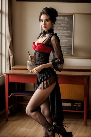 a beautiful korea asian girl, korea milf, teacher, blonde bun hair, (confused face expression:0.9), perfect round silicon fake boobies 32DD, dark red lips, slim waist,((wearing a see through  ruffled long bouffant sleeves jabot  blouse)), (((thin long pleated skirt:1.1))), big cleavage, crowded school class background, standing next to (nude male students), high detail, film grain,  masterpiece, hyperrealistic, ((feme dominat teacher )), (femdom), (Hourglass Body:1.2)
,z1l4, ((red high heels)),arshadArt, retro gater belt,  sexy shiny oil thigh high stockings , big earrings,( sexy femdom corset), ((full body shot)),(((angry expression ))), ((sexy femdom pose)), ((1 girl)),(long legs),high heels