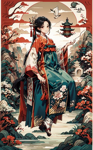 Girl,Drees, blue backgound, Black hair, Dangling Hair, colorful cloth, korea Traditional clothes), light smile, hua, big_breasts, (masterpiece:1.2, best quality), (Soft light), (shiny skin), Flying Cranes, girls, korea ink painting style,1girl, korea treditional cloth, hanbok, wear[stick; put on] a binyeo in one's hair, sitting, A few stray hairs,