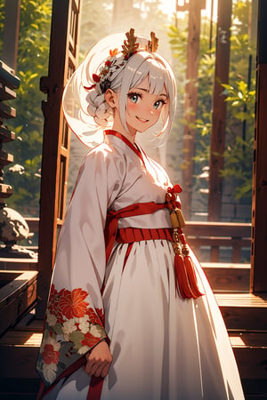 (masterpiece),illustration,ray tracing,beautiful detailed, Raising your hair in the wind, colourful,finely detailed,dramatic light,
big breasts, hanbok, korea Traditional clothes,
white Miko outfit,matrue female,oval face,blunt bangs,long hair,tassel,white hair,blue eye,smile,fox ear,
matrue female,milf,long sleeves,(red skrit:1.5),
bisyoujo,lady,tsurime eyes, japanese architecture,forest,sunlight,diffuse light,