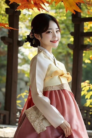 Warm lighting, hanbok, korean clothes, ultra 8k, realistic, light smile, nnocent makeup, wind,Tilt your head slightly to the side,  Girl wearing Korean traditional hanbok dress,beautiful korean girl, detailed face, shy smile, dark eyes,Straight black hair, details outdoors, autumn, autumn leaves, upper body, realistic, ,JeeSoo 